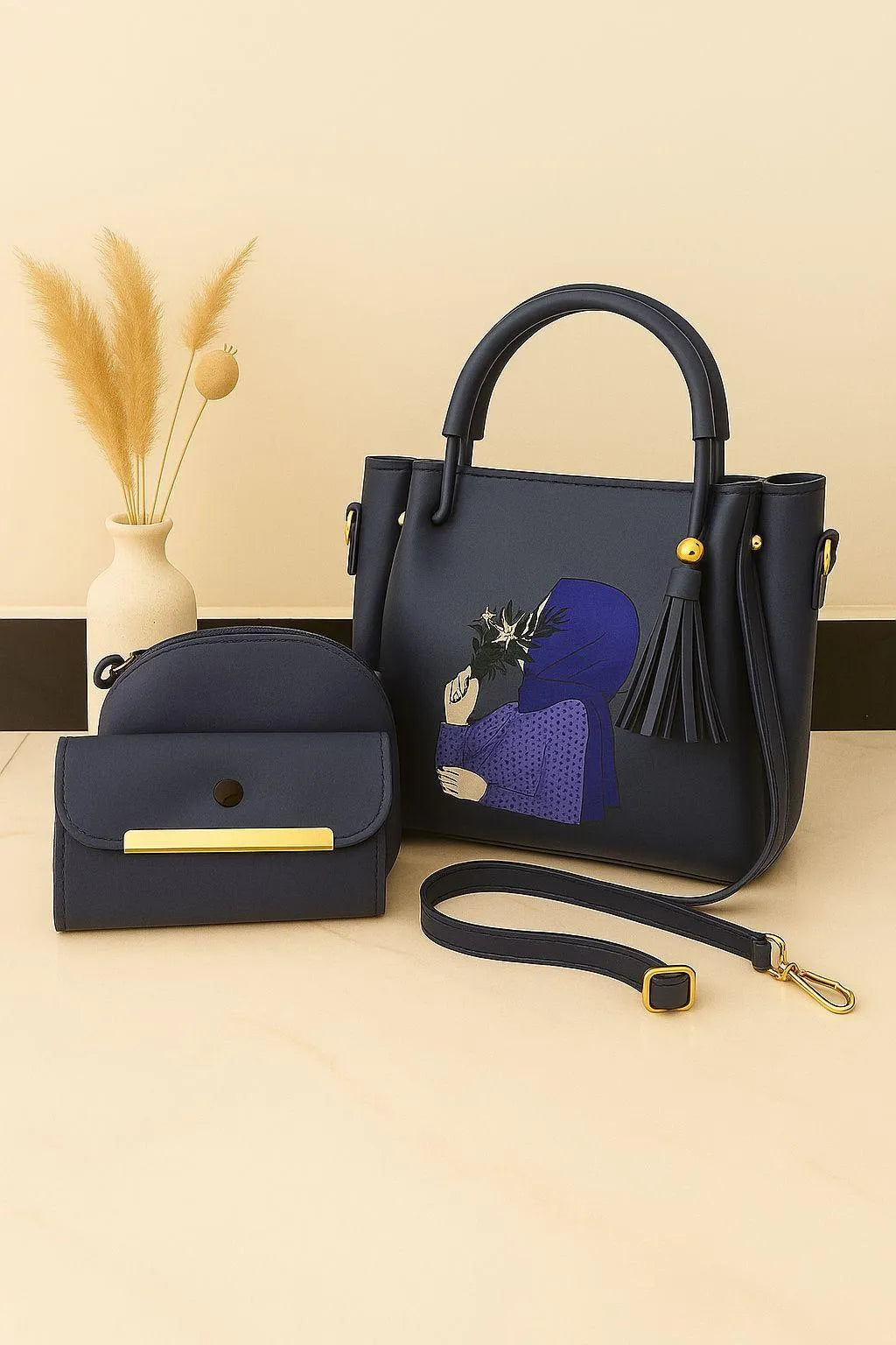 Trendy 3 Pcs Girl’s Rexine Hand Bag Set – Plain Top Handle (Black)