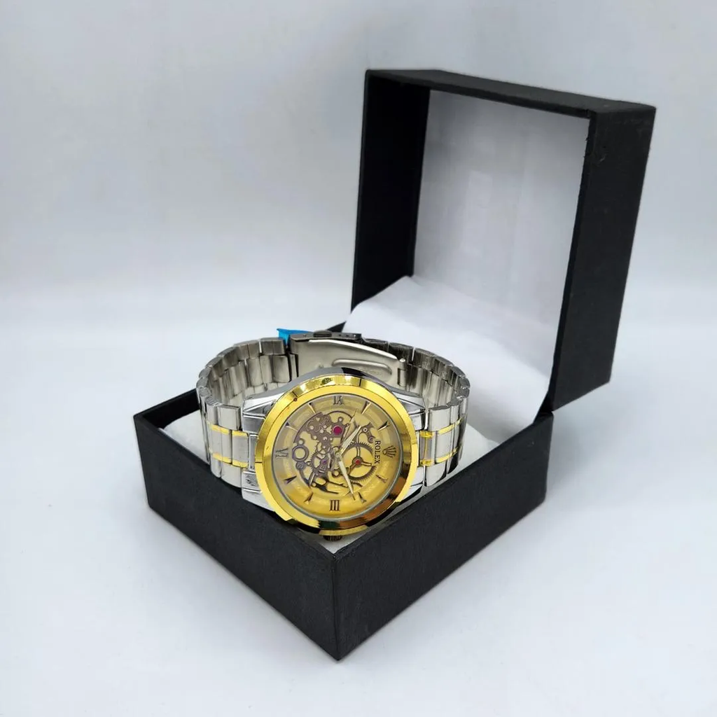 Men’s Skeleton Mechanical Watch – Two-Tone Gold & Silver Chain Strap