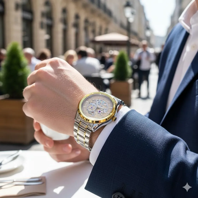 Men’s Skeleton Mechanical Watch – Two-Tone Gold & Silver Chain Strap second image